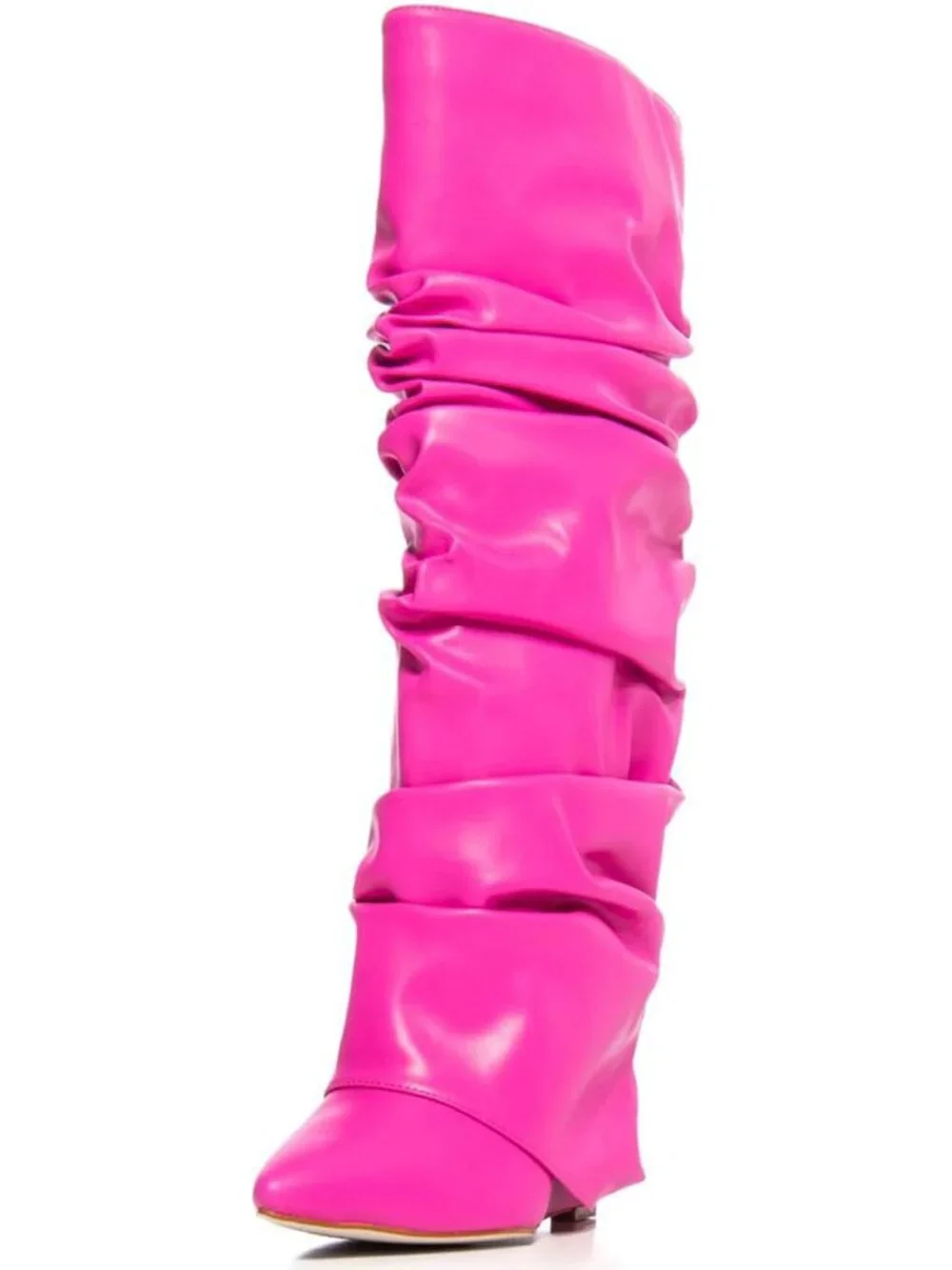 Women's Pink Heel Wide Calf Pointed Toe Slouched Fold Over Knee High Boots